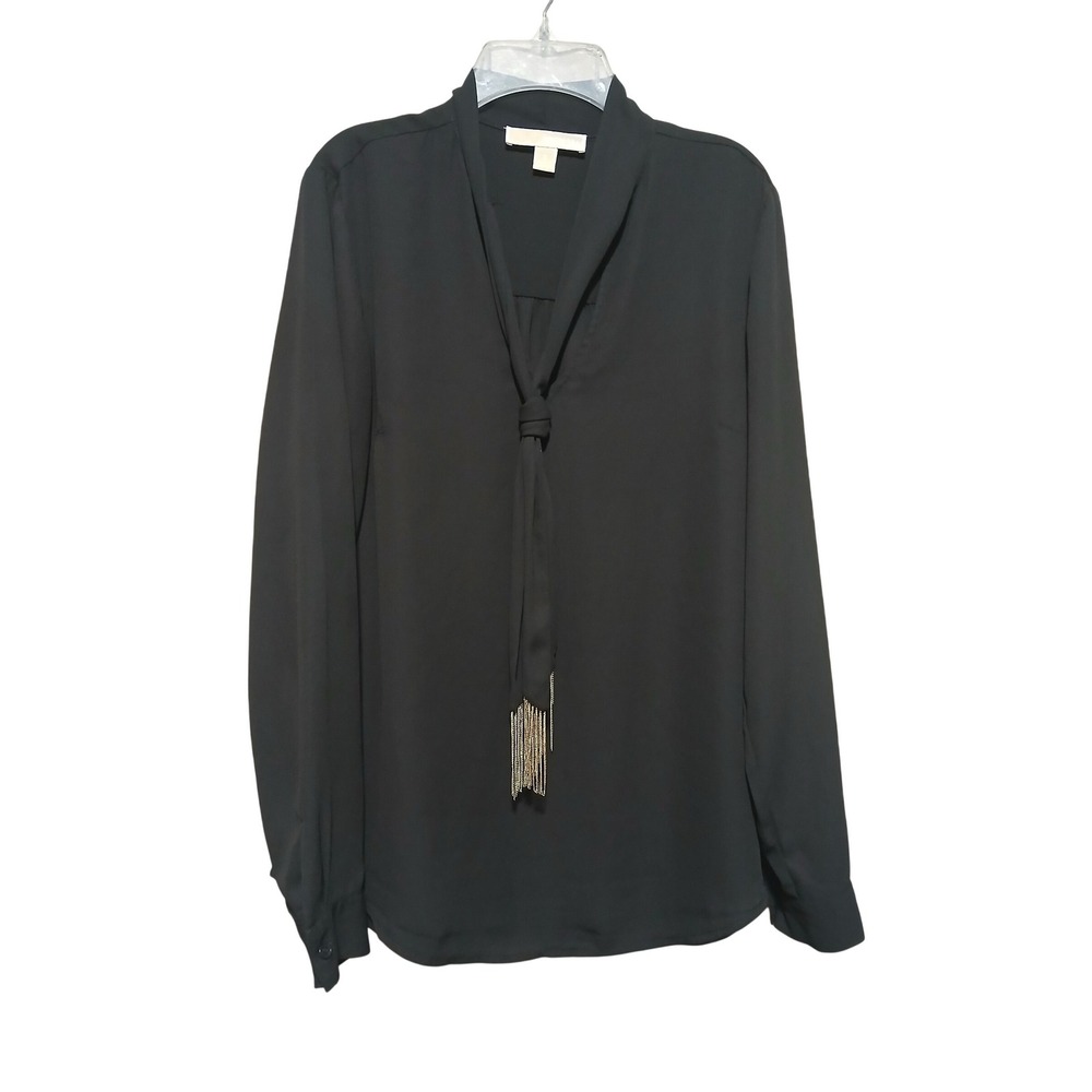 Michael Michael Kors Black Tie Neck Blouse Gold Chain Fringe Tassel Top Small